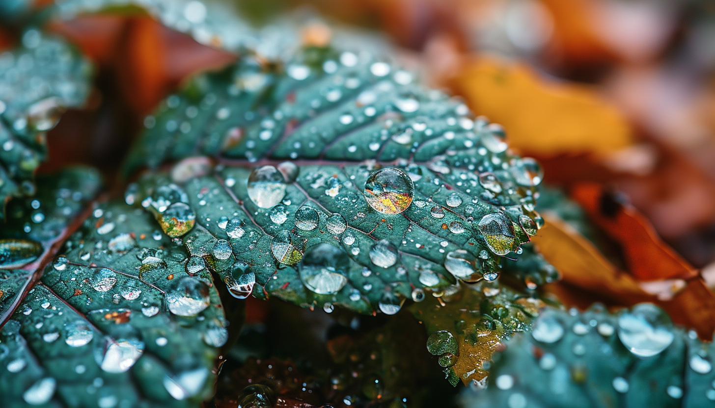 Close-up of raindrops on a leaf, each drop reflecting a miniature world.