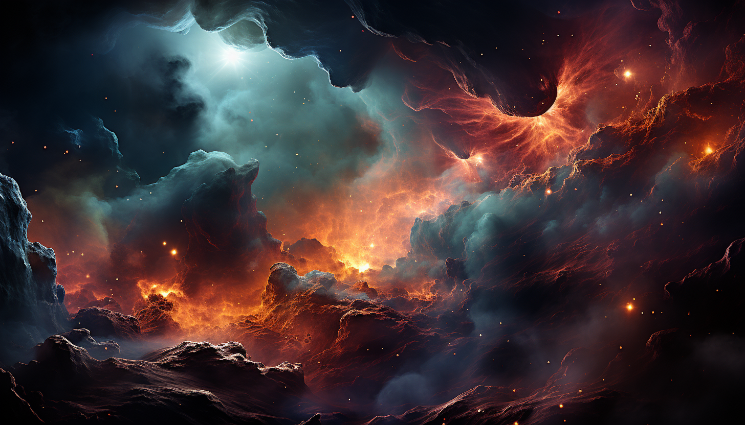 The radiant colors and swirling patterns in a nebula as seen through a telescope.