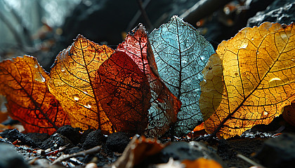 Colorful autumn leaves under a microscope, showing intricate cell structures.