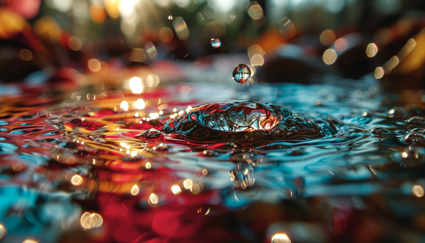 Close-up of a dewdrop reflecting the colors of a rainbow.