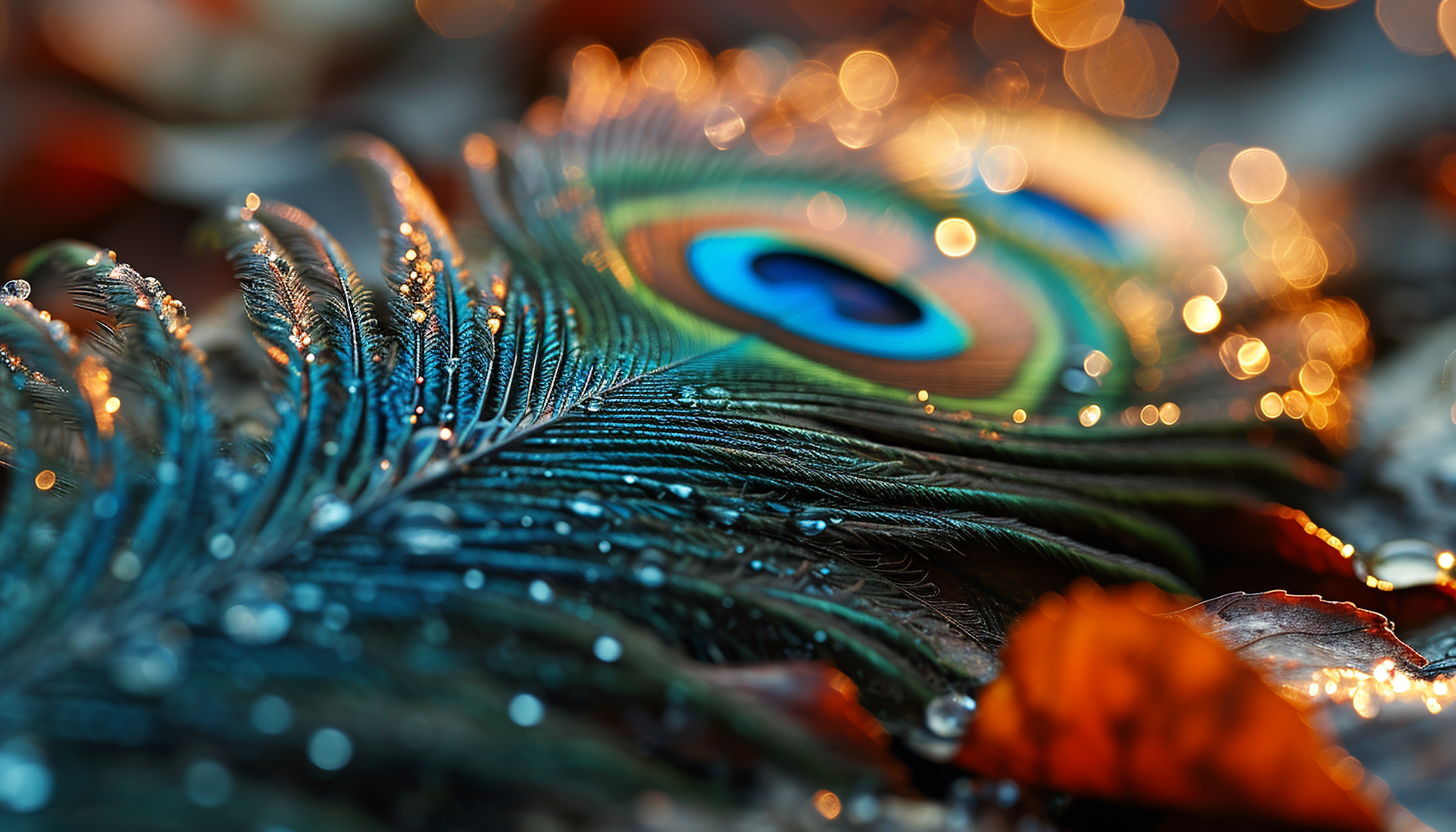 Close-up of a peacock feather showing its vivid colors and patterns.