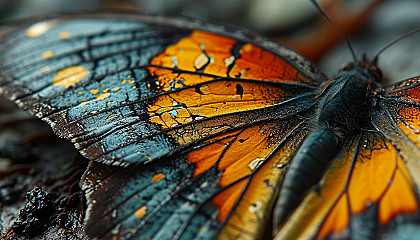 Macro shot of a butterfly wing, showcasing intricate patterns and vivid colors.