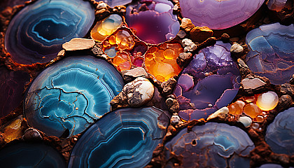 Colorful and detailed close-up of the surface of a mineral or gem.