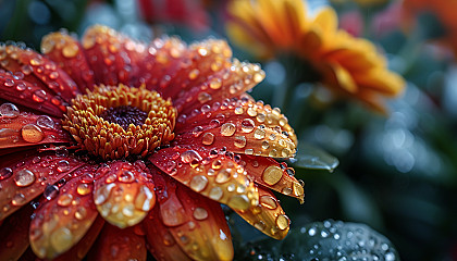 Close-up of dewdrops on vibrant flower petals.