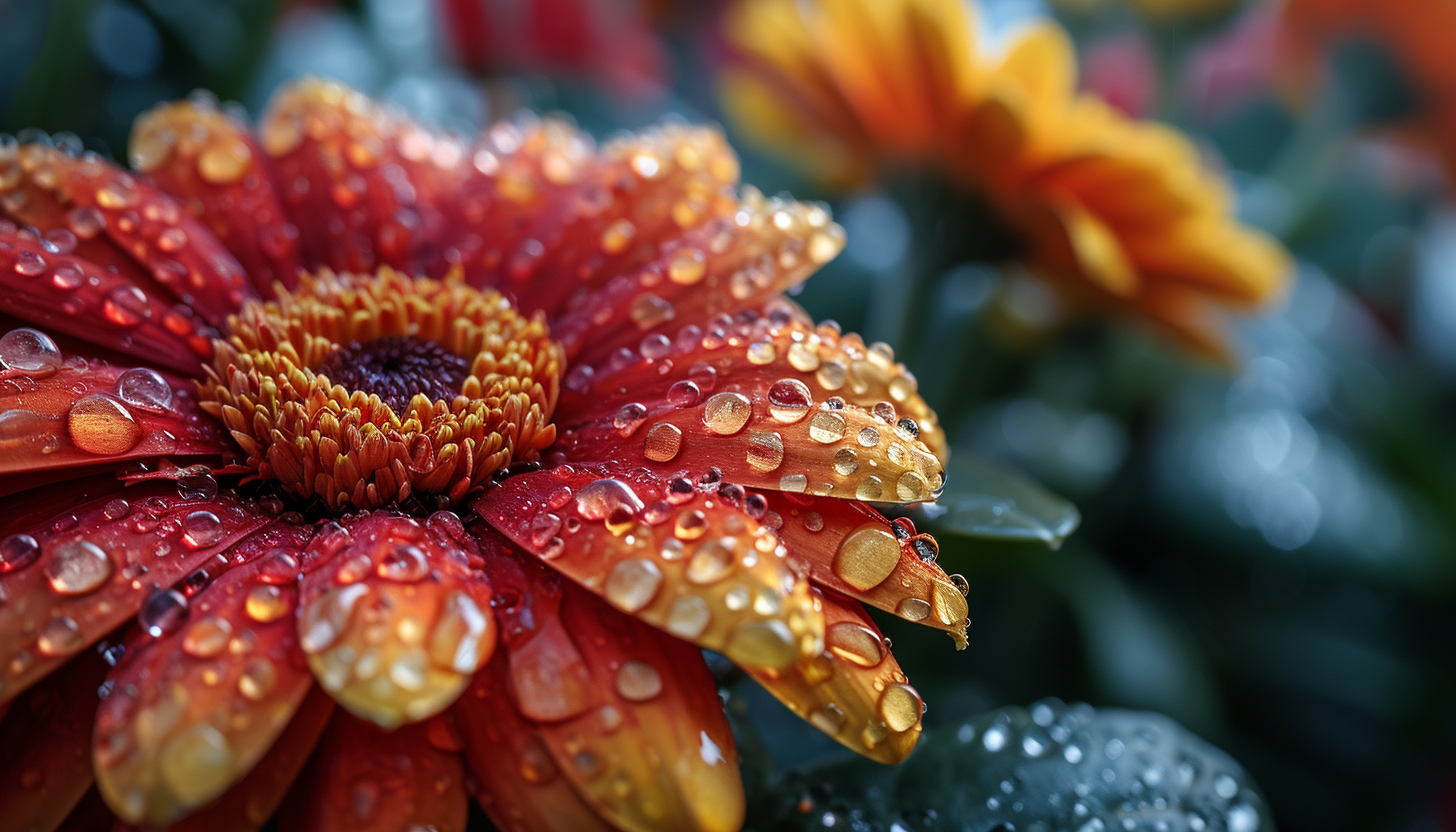 Close-up of dewdrops on vibrant flower petals.