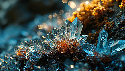 Crystal formations under a microscope, displaying symmetrical patterns.