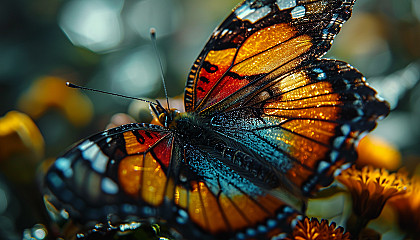 Macro shot of a butterfly's wing, showcasing intricate patterns and vibrant colors.
