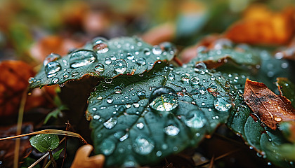 Close-up of raindrops on a leaf, each drop reflecting a miniature world.