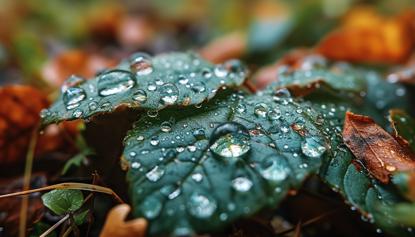 Close-up of raindrops on a leaf, each drop reflecting a miniature world.