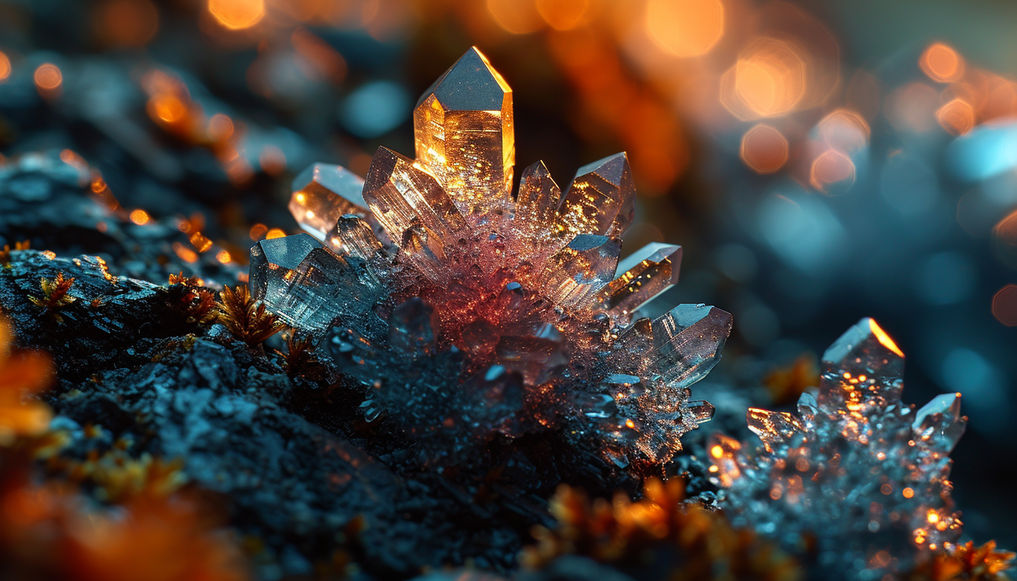 Crystal formations under a microscope, displaying symmetrical patterns.