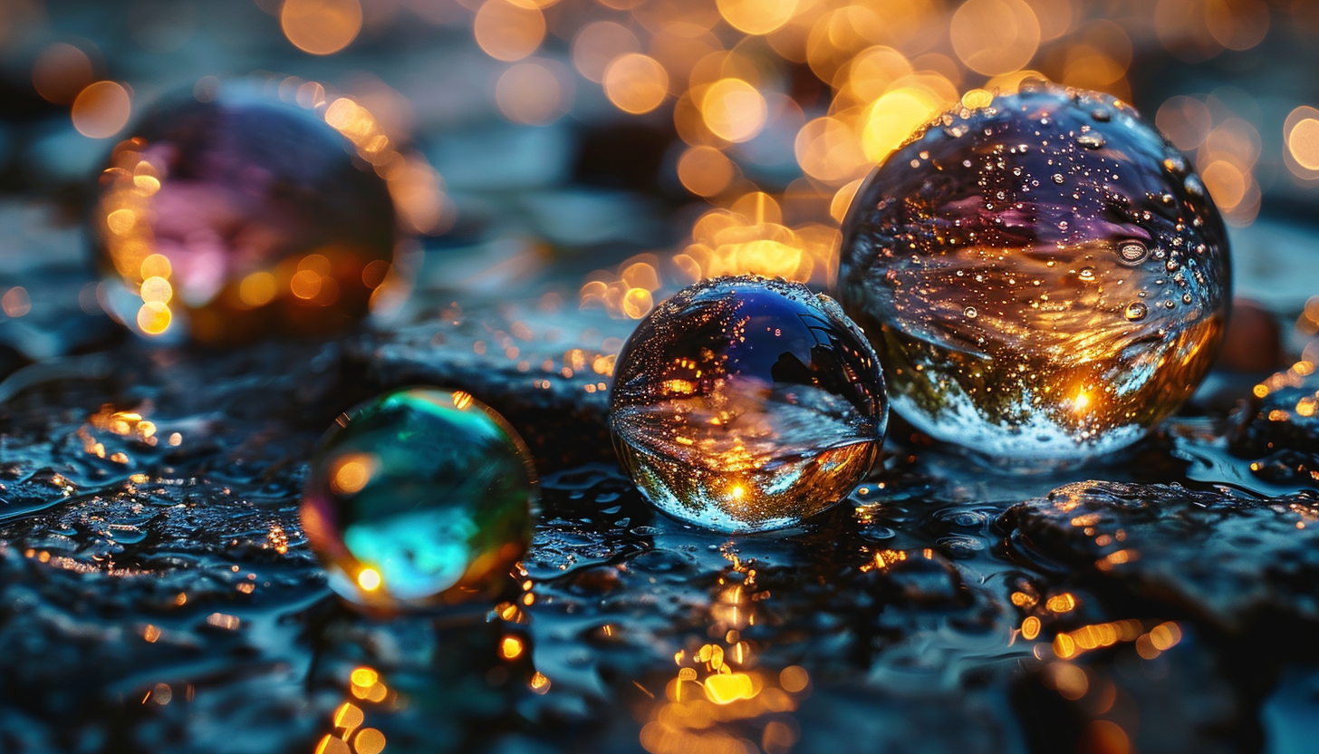 Close-up of iridescent soap bubbles, reflecting a myriad of colors.