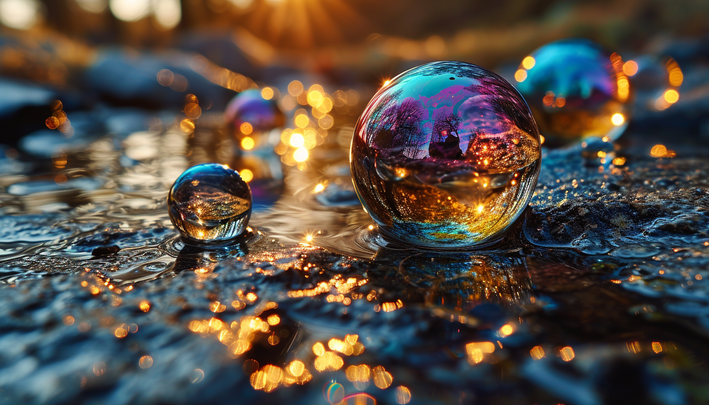 Close-up of iridescent soap bubbles, reflecting a myriad of colors.