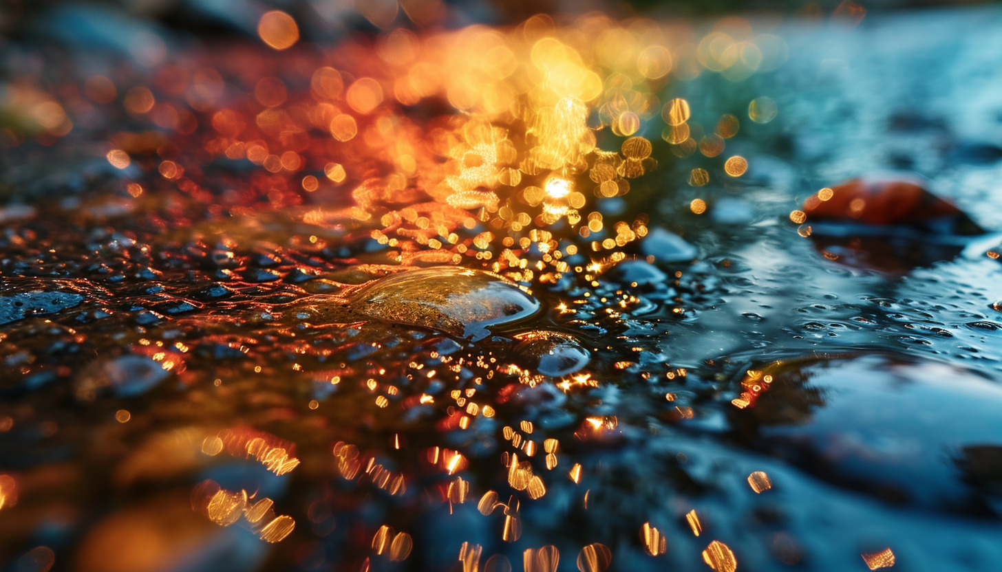 Close-up of a dewdrop reflecting the colors of a rainbow.
