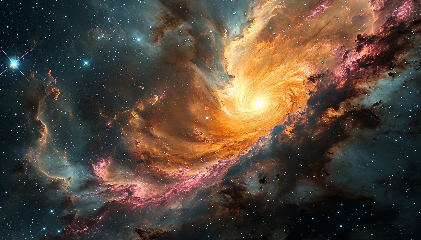 A colorful galaxy with spiraling arms in shades of pink, green, and gold.