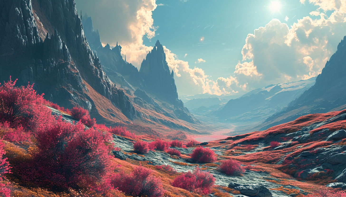 A surreal, colorful planetary landscape from a distant world.