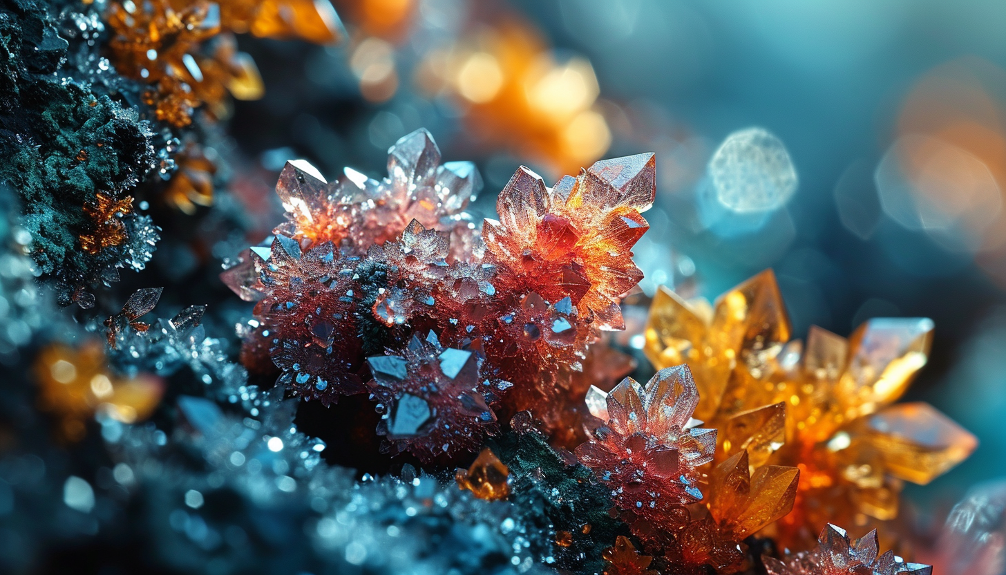 Crystal formations under a microscope, displaying symmetrical patterns.