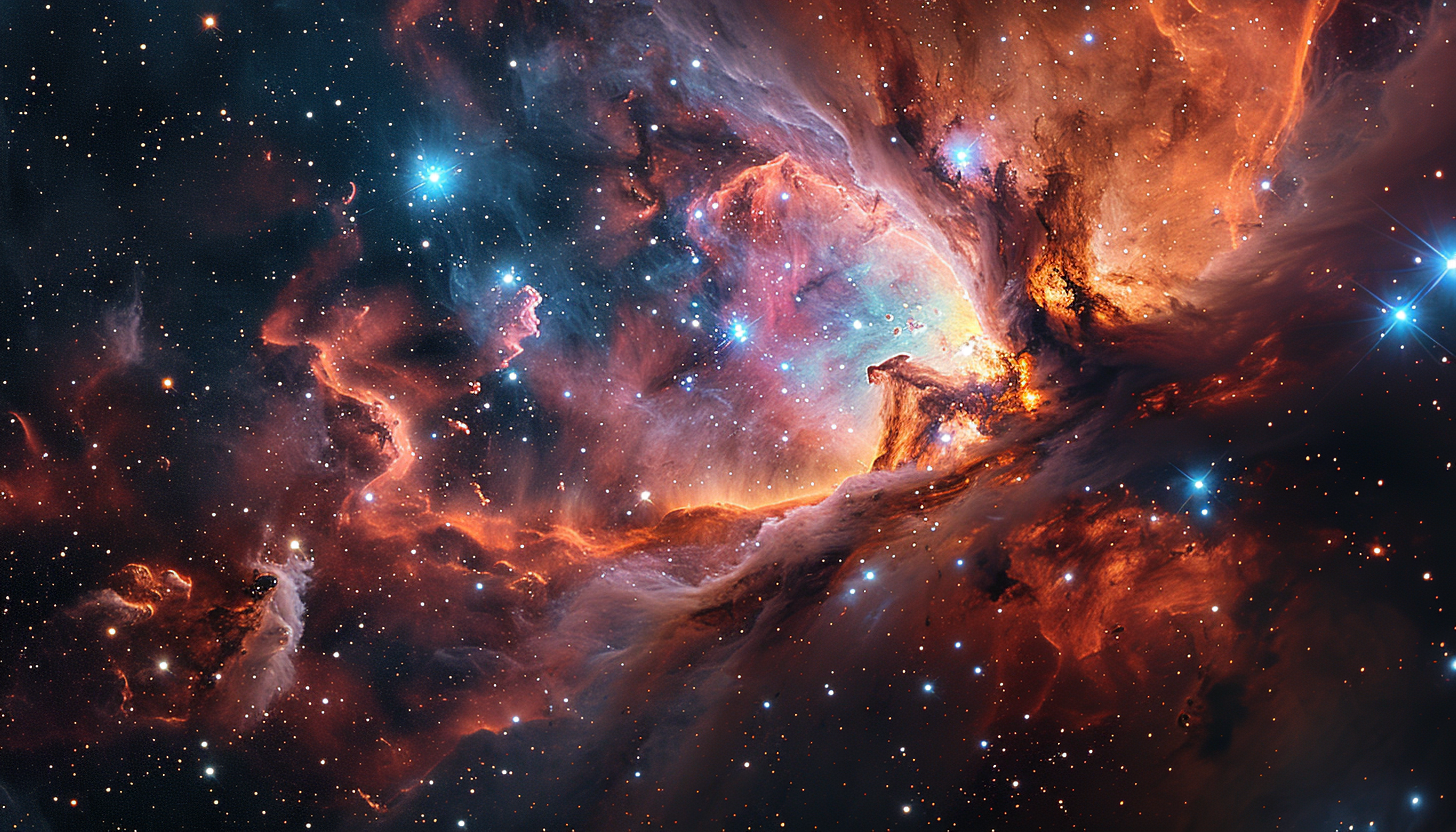 A vibrant nebula in space, bursting with colors and star formations.