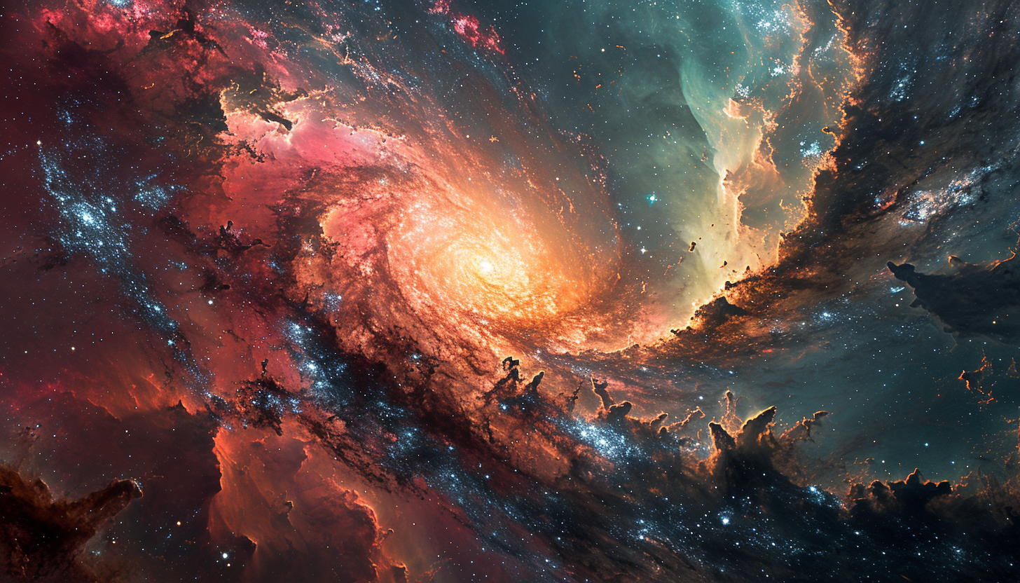 A colorful galaxy with spiraling arms in shades of pink, green, and gold.