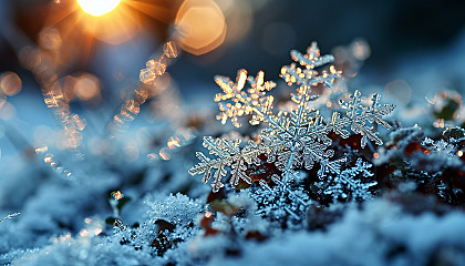 Macro view of snowflakes, each with a unique and intricate design.