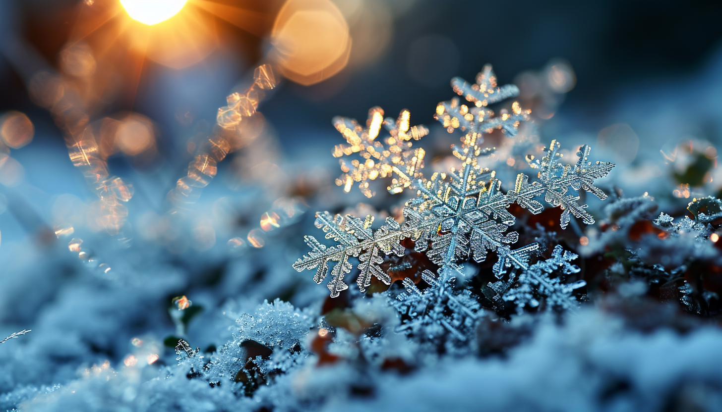 Macro view of snowflakes, each with a unique and intricate design.