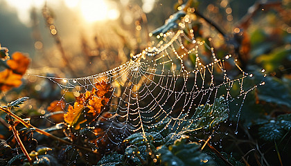 Macro view of dew drops on a spider web, glistening in the morning sun.