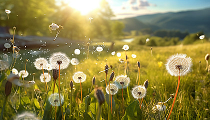 Dandelion seeds floating in the breeze over a sunny meadow.