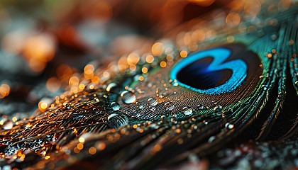 Macro shot of a peacock feather with its eye-catching colors and patterns.