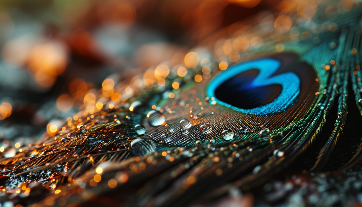 Macro shot of a peacock feather with its eye-catching colors and patterns.