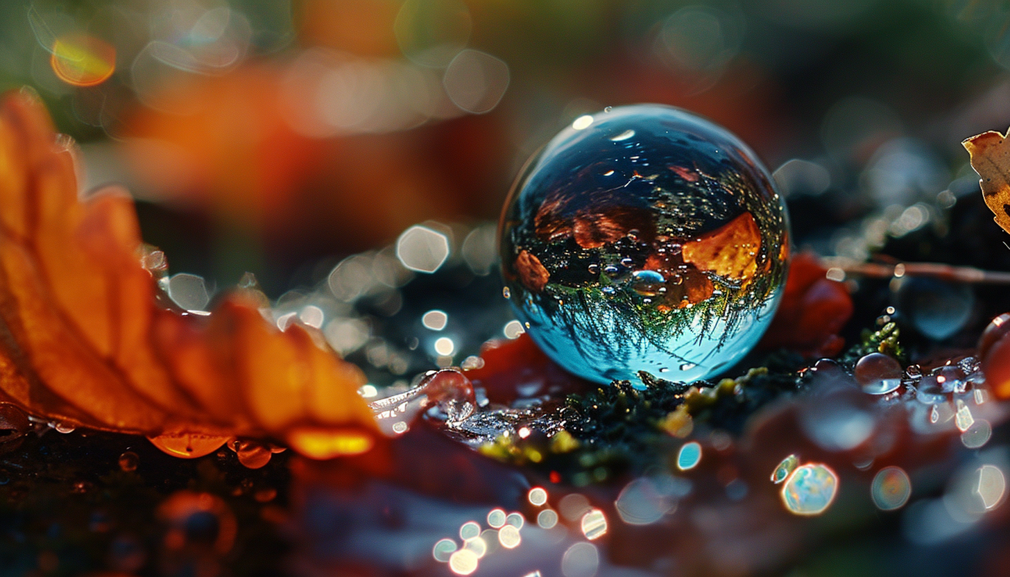 Close-up of a dewdrop reflecting the colors of a rainbow.