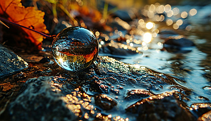 Close-up of a dewdrop reflecting the colors of a rainbow.