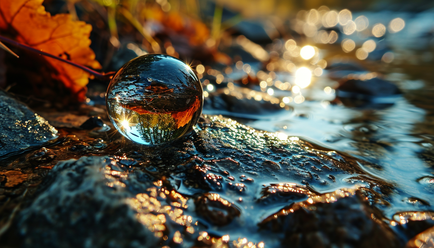 Close-up of a dewdrop reflecting the colors of a rainbow.