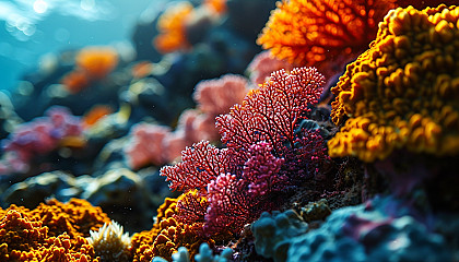 Detailed texture of a bright, multicolored coral.