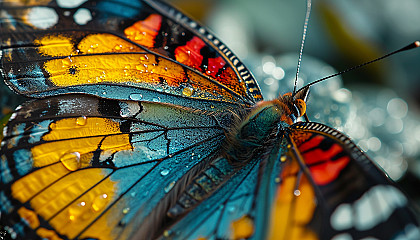 Close-up of a butterfly's wing, revealing intricate patterns and vivid colors.