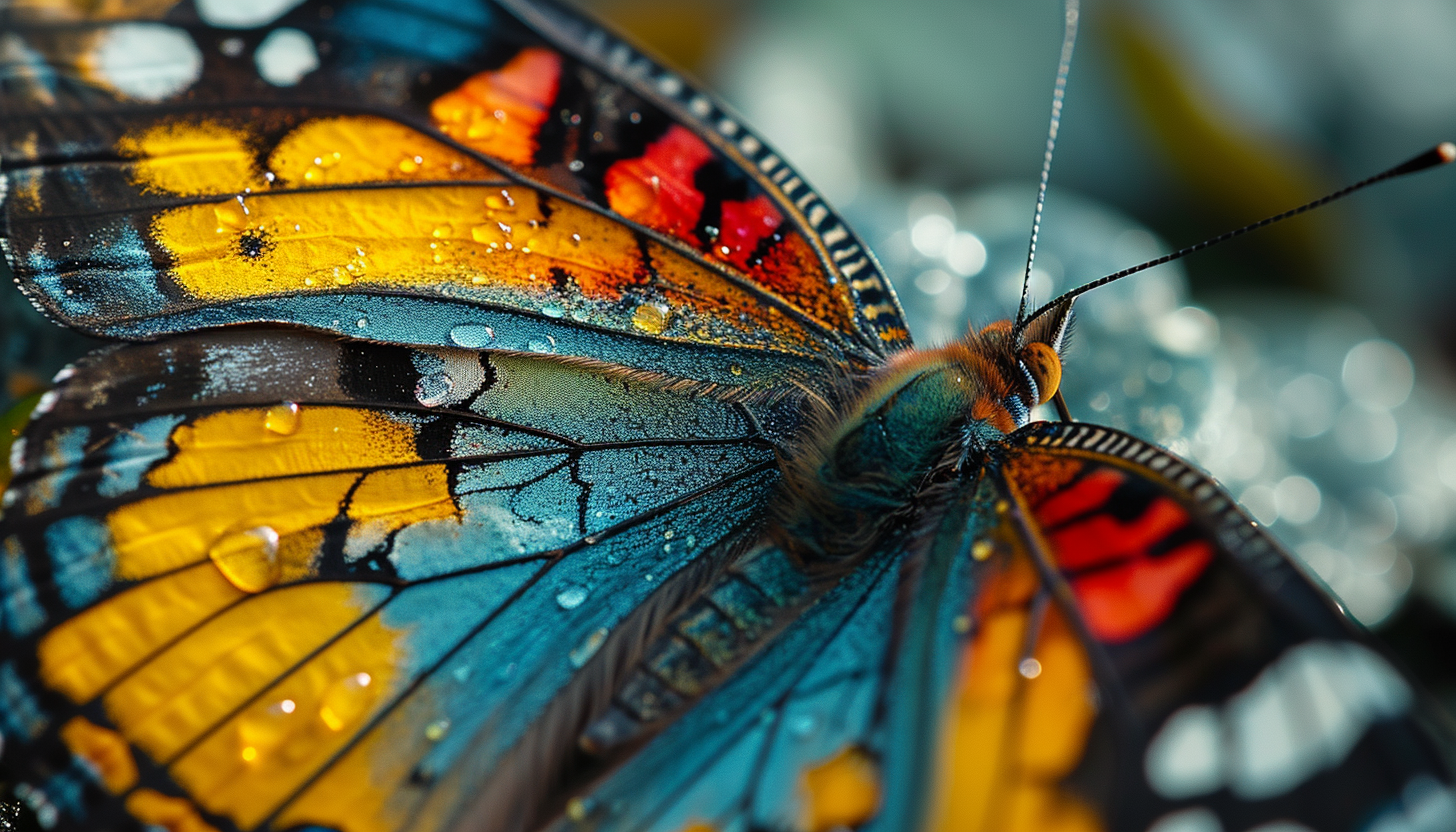 Close-up of a butterfly's wing, revealing intricate patterns and vivid colors.