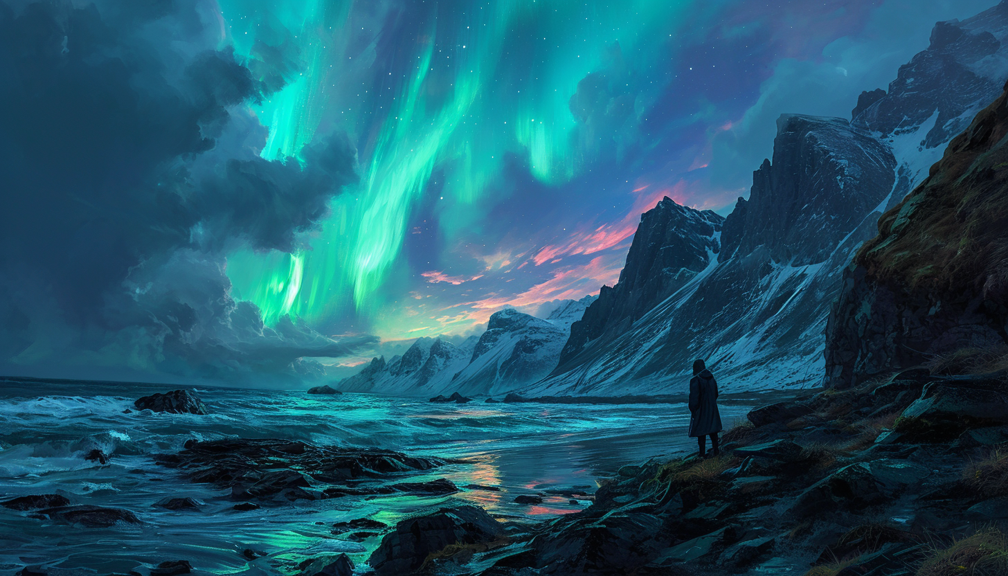 Aurora borealis over a planetary landscape, with vivid greens and purples.