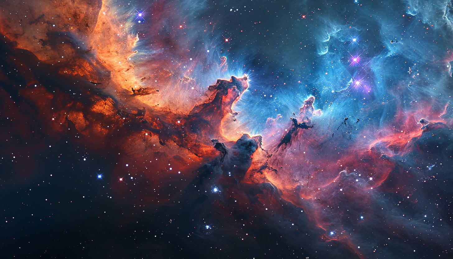A vibrant nebula in space with swirling hues of blue and purple.