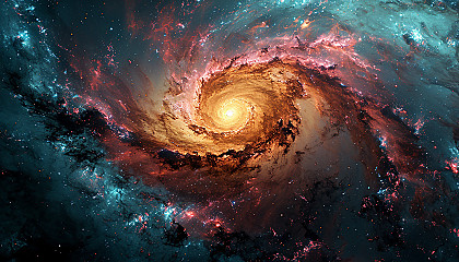 A colorful galaxy with spiraling arms in shades of pink, green, and gold.