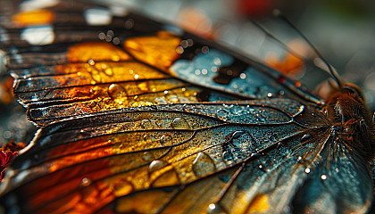 Close-up of a butterfly's wing, revealing intricate patterns and vivid colors.