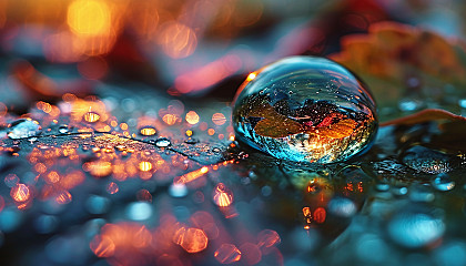 Close-up of a dewdrop reflecting the colors of a rainbow.