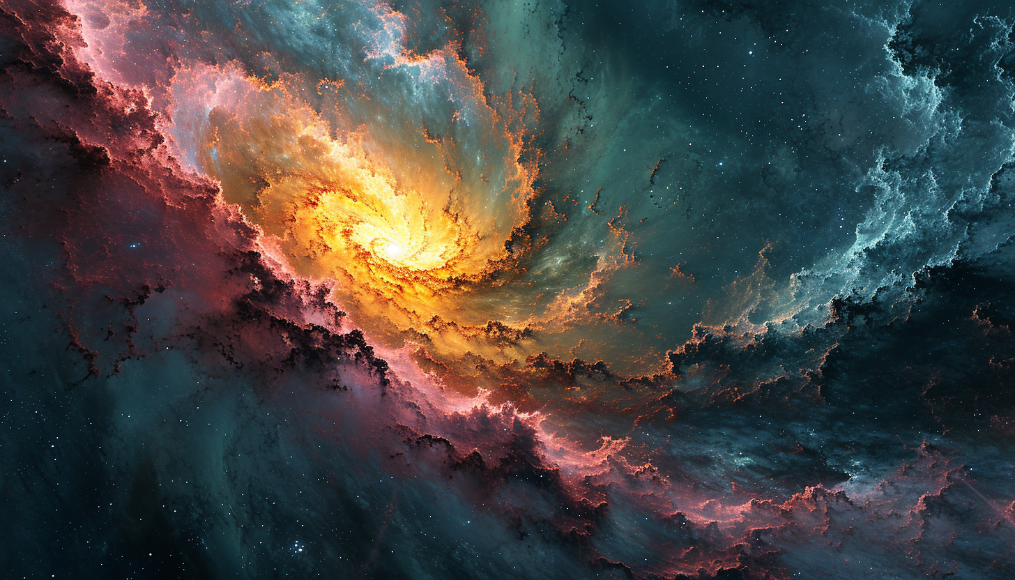 A colorful galaxy with spiraling arms in shades of pink, green, and gold.