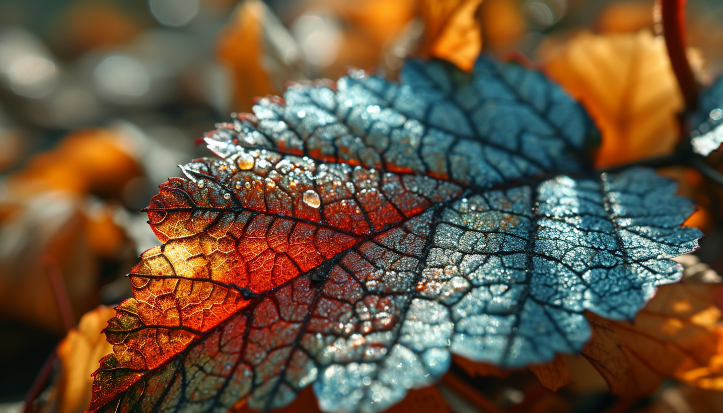 Colorful autumn leaves under a microscope, showing intricate cell structures.