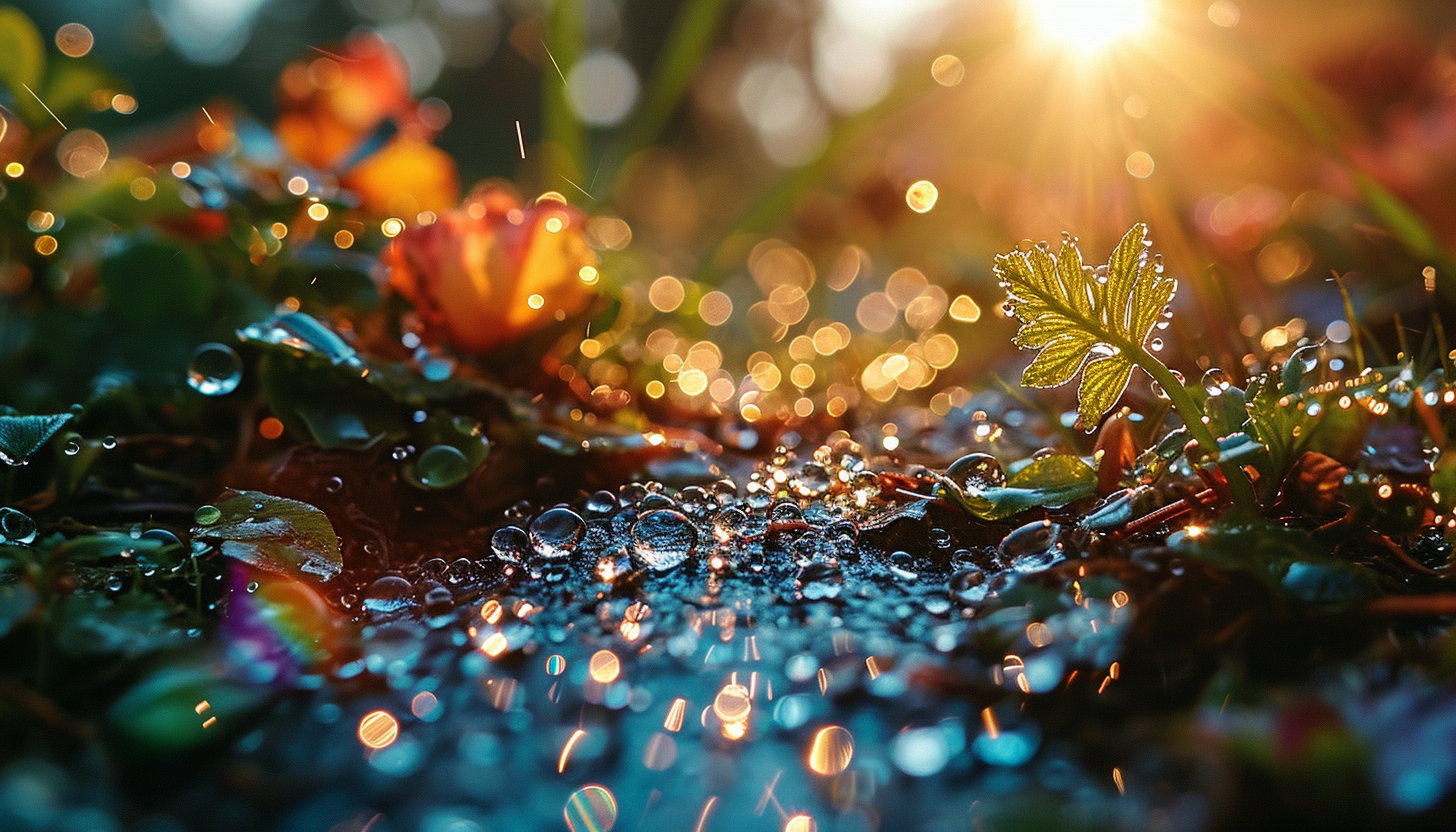 Close-up of a dewdrop reflecting the colors of a rainbow.