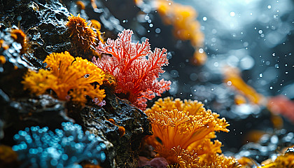 Detailed texture of a bright, multicolored coral.