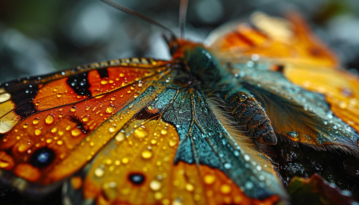 Macro shot of a butterfly's wing, showcasing intricate patterns and vibrant colors.