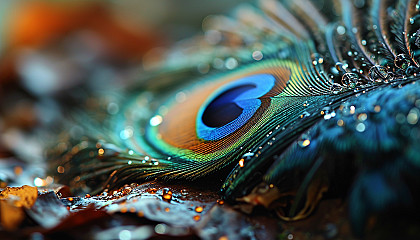 Close-up of a peacock feather showing its vivid colors and patterns.