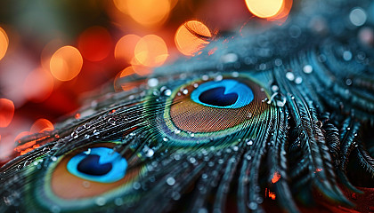 Close-up of a peacock feather showing its vivid colors and patterns.