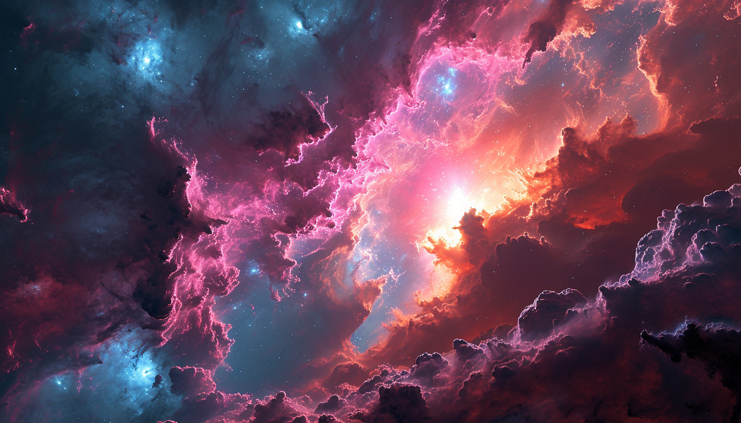 Nebula clouds in space with swirling hues of purple and blue.