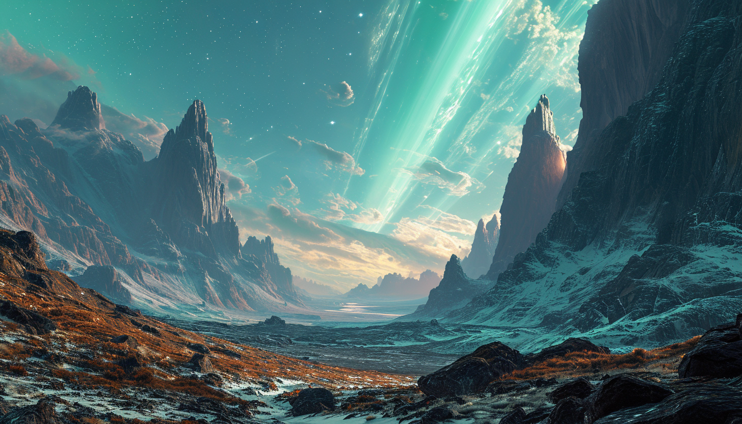 Aurora borealis over a planetary landscape, with vivid greens and purples.