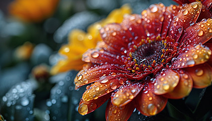 Close-up of dewdrops on vibrant flower petals.