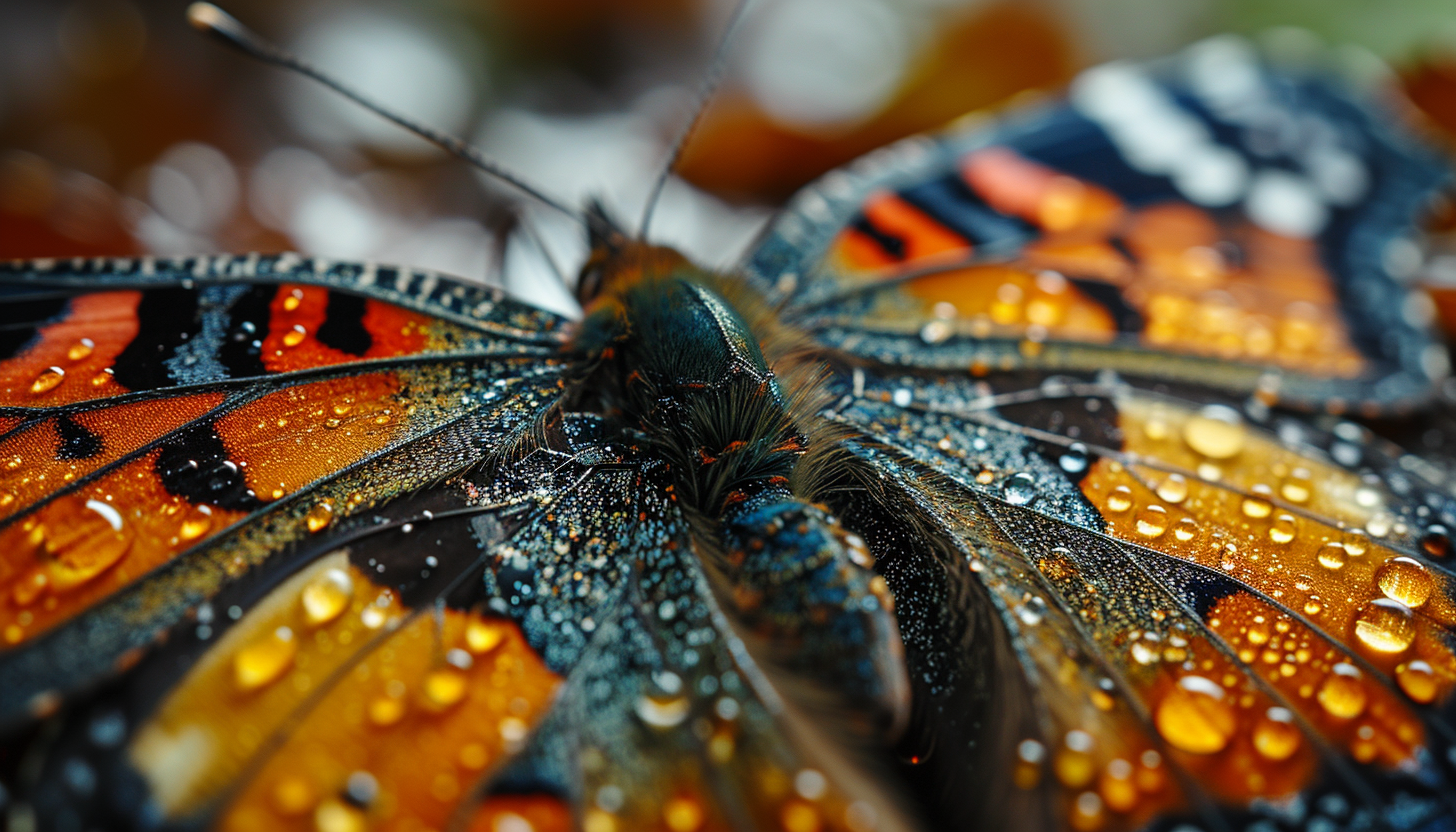 Macro shot of a butterfly's wing, showcasing intricate patterns and vibrant colors.